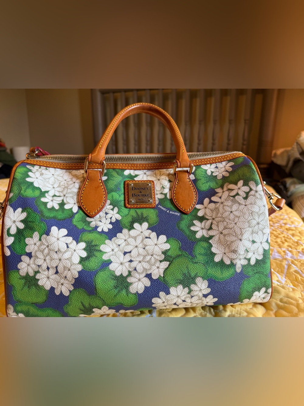 Dooney & Bourke Blue Floral Satchel with Tan Leather Trim
